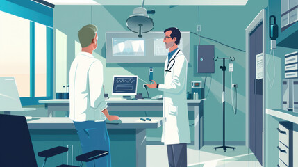 A doctor consulting with a patient in a state-of-the-art examination room, equipped with the latest medical technology