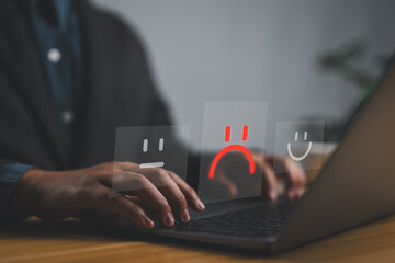 Customer Experience dissatisfied Concept, Unhappy Businessman Client with Sadness Emotion Face on virtual screen, Bad review, bad service dislike bad quality, low rating, social media not good.