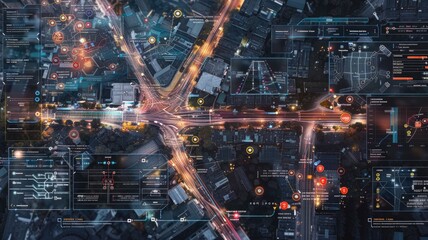 Aerial view of a city with digital navigation overlays. Top down aerial view of road traffic transportation in city life. Smart city and technology concept for design. Architectural concept. AIG53F.