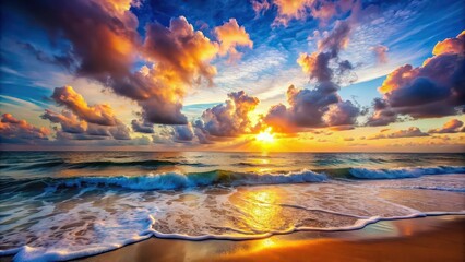 Fototapeta premium Sunrise over ocean with beautiful waves on beach and colorful clouds above water landscape , sunrise, ocean, waves, beach