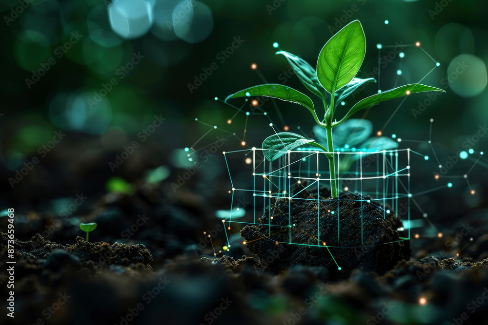 Poster plant growing from digital ai network . ecology and environment concept.ai generative