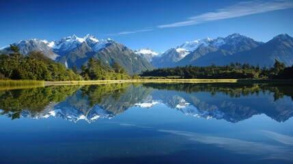 A serene mountain lake with a reflection of snowcapped peaks and a clear sky