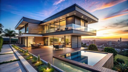 Fototapeta premium Modern luxury home with panoramic cityscape view at twilight, luxury, home, modern, cityscape, view, twilight