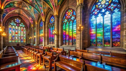 Fototapeta premium Vibrant colorful stained glass windows refract light onto ancient stone walls, bathing the heavenly cathedral's ornate choir pews in a kaleidoscope of sacred beauty.