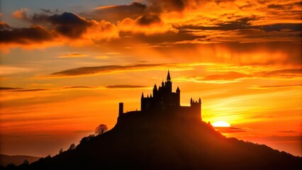 Obraz premium Silhouette of castle on a hill at sunset , castle, silhouette, sunset, hill, golden hour, dusk, landscape, medieval, majestic