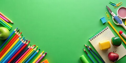 Fototapeta premium Vibrant of various school items on a green background, back to school, education, supplies, colorful, vibrant,, learning