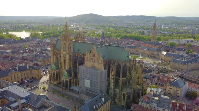 Aerial Arc Shot Going Around Gothic Structure, Metz Cathedral in France