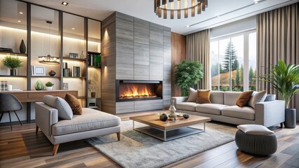 Fototapeta premium Modern living room featuring a sleek fireplace with elegant decor and cozy atmosphere, modern, living room, fireplace