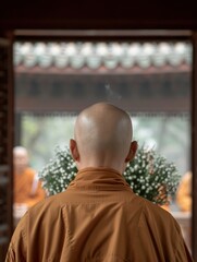 Obraz premium A Buddhist monk stands with his back to the camera, holding flowers, with a blurred background of other monks and a temple window.