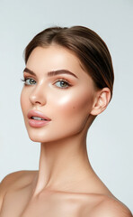 Fototapeta premium Beautiful young woman with fresh clean skin on white background with copy space. Face care, cosmetology, beauty treatment and spa concept.