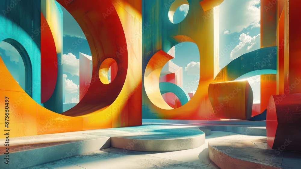 Poster a colorful, abstract building with many different colored circles and squares