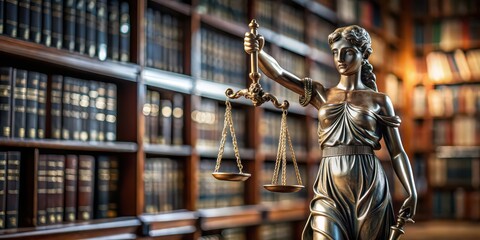 Fototapeta premium Statue of Justice in library, symbol of law and order, justice, statue, library, scales, blindfolded, legal, balance