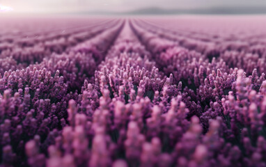 Obraz premium A vast blooming lavender field at dusk, showcasing endless rows of vibrant purple flowers stretching into the horizon.