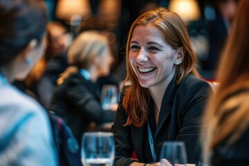Close-up photo portrays the animated reactions of a group of businesswoman and participants as they laugh and listen attentively to startup business owner at trade show exhibition event.