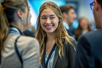 Close-up photo portrays the animated reactions of a group of businesswoman and participants as they laugh and listen attentively to startup business owner at trade show exhibition event.