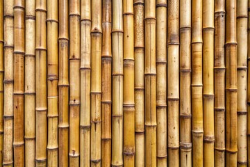 Fototapeta premium Natural woven bamboo fence with horizontal and vertical strips creates a unique pattern, perfect as a textured background or wallpaper design element.