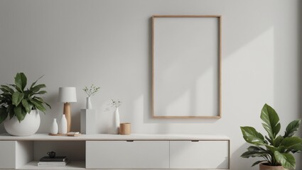 Fototapeta premium Abstract wallpaper background white wooden dresser plant