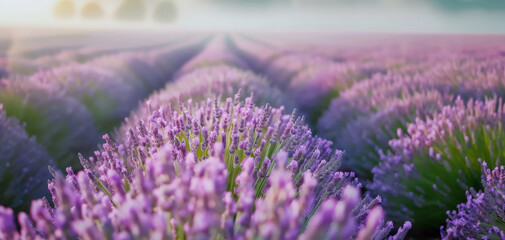 Obraz premium Beautiful lavender field at sunrise with rows of blooming purple flowers stretching towards the horizon, creating a serene and peaceful scenery.