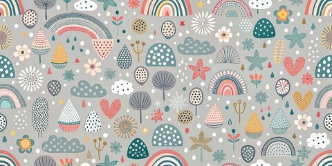 Naklejka premium Whimsical vector nursery seamless pattern featuring abstract shapes, dotted details, and colorful illustrations on a soft grey background, perfect for kids' design projects.