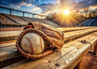 Vintage baseball mitt and worn leather ball sit atop a weathered wooden bench in a deserted, sun-drenched stadium, evoking nostalgic summertime feelings.