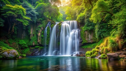 Obraz premium Beautiful waterfall in a forest setting, nature, water, cascading, environment, stream, flow, rocks, landscape, serene