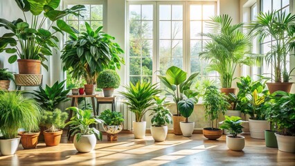 Fototapeta premium Lush green houseplants thriving in a well-lit indoor space, greenery, lush, houseplants, thriving, indoors, growth