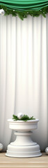 Obraz premium Elegant white podium with greenery in front of a white curtain backdrop, perfect for events or presentations.