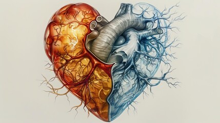 A heart with half covered in biases, the other half clear and open, contrasting colors, detailed sketch