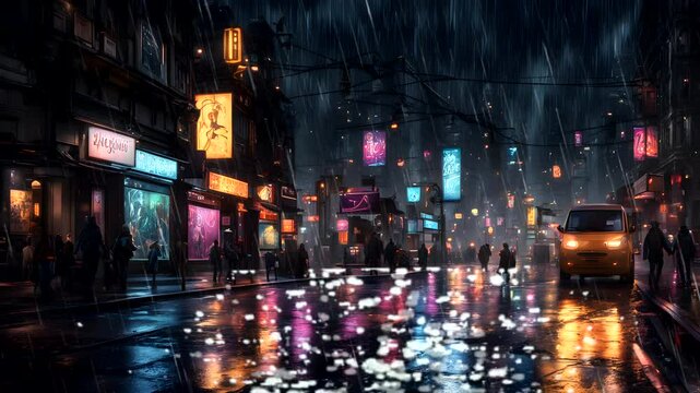 Animation A beautiful scene It rained softly in a European city on a summer night, flickering lights and water droplets dancing in the streets  Seamless looping 4k time-lapse animation video backgroun