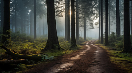 Obraz premium Woodland Magic: Ethereal Light Bathes a Winding Forest Trail