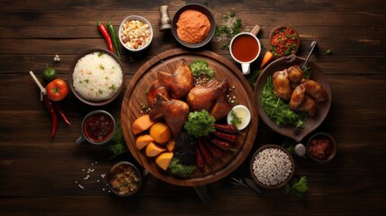 Halal food set on top view wooden table background, freshly prepared assortment of islamic dietary cuisine including grilled meat, kebabs, rice, salad, and hummus, concept of halal cooking and traditi