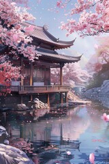 Fototapeta premium An anime depiction of a hanok by a pond, with flowering trees and the soft light of spring creating a peaceful atmosphere.