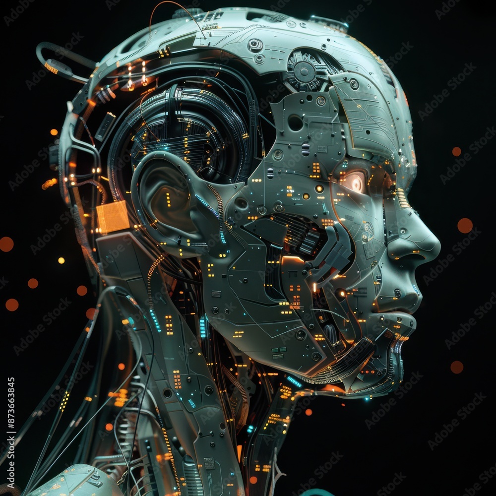 Poster detailed portrait of a robot with human features, showcasing advanced ai, with circuits and digital 