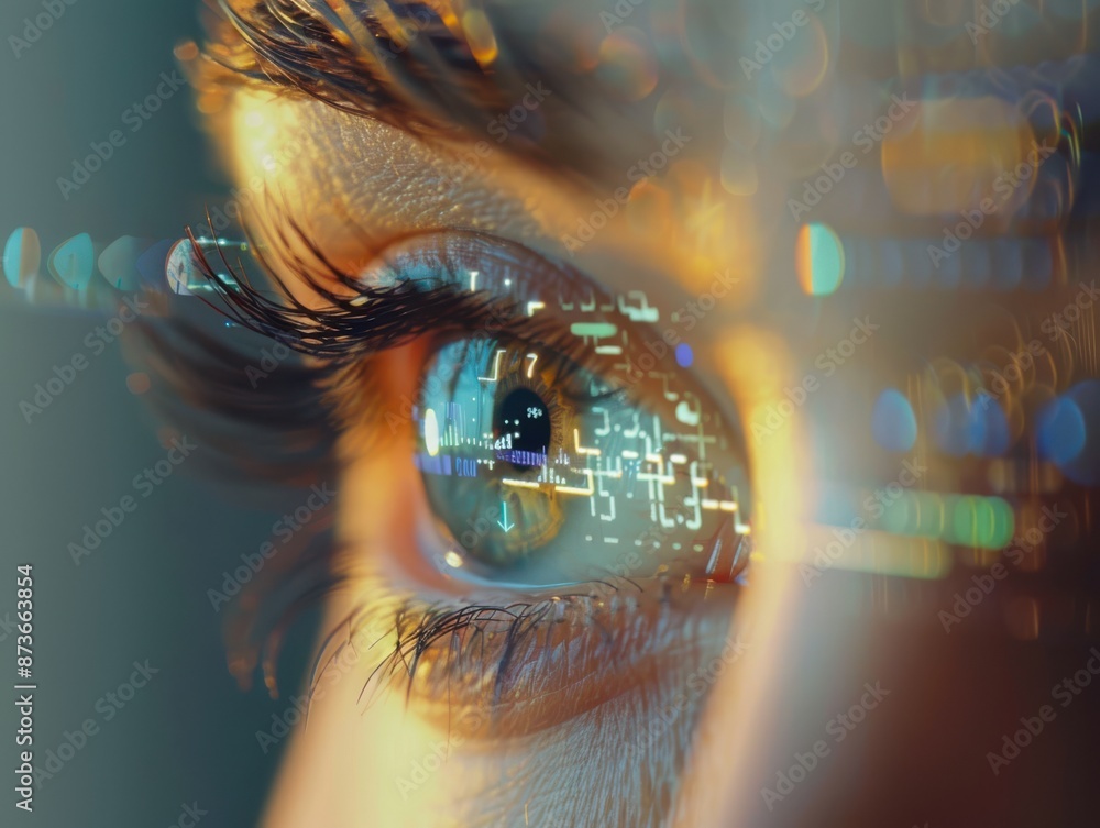 Poster close-up of a human eye with a digital interface overlay, reflecting complex data and figures, symbo