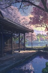 Obraz premium An anime depiction of a hanok by a pond, with flowering trees and the soft light of spring creating a peaceful atmosphere.