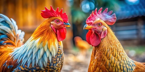 Close-up of a colorful hen and rooster in a farmyard , poultry, farm animals, rooster, hen, feathers, livestock, rural, agriculture