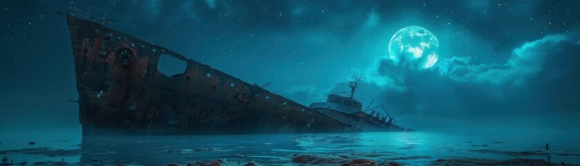 Haunting shipwreck under a moonlit sky, surrounded by eerie blue waters. Atmospheric and mysterious scene captured at night.