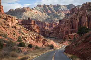 A road through a canyon with red rock formations, Road Banner, Canyon Drive