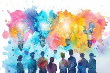 A team of innovators brainstorming ideas for the Internet of Things, dynamic and collaborative, bright and futuristic, watercolor