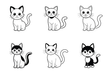 Cute black cat cartoon line art and silhouette vector illustration bundle set.
