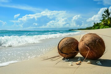 Two whole coconuts with seashells on a sunny beach overlooking turquoise waters