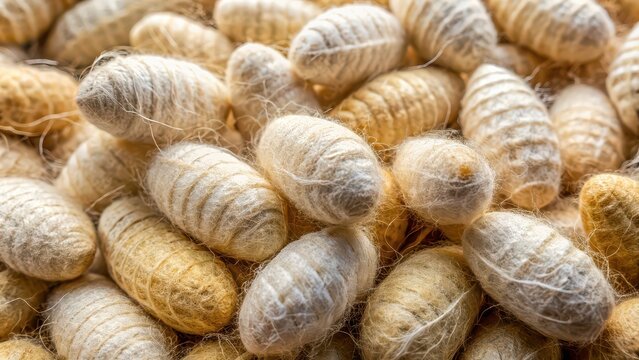 Closeup of natural silkworm cocoons with intricate textures and patterns, silk, sericulture, moth, larvae