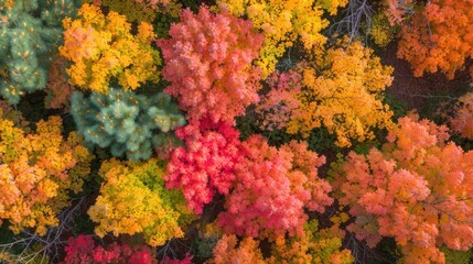 A beautiful autumn scene with trees in various shades of red, yellow, and green
