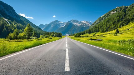 An empty road through an alpine meadow, Road Banner, Mountain Meadow