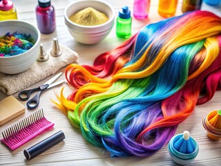 Colorful hair dye kit and accessories scattered on a bathroom counter, surrounded by towels and hair clippings, evoking a DIY hair transformation during quarantine.