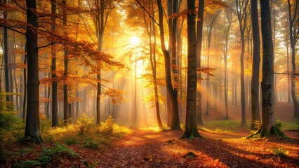 Foggy autumn forest illuminated by sunset light, autumn, foggy, forest, sunset, light, trees, nature, peaceful, tranquil, misty