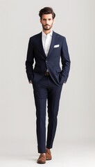 A confident man in a sharp navy blue suit, white shirt, and brown shoes stands against a grey background.