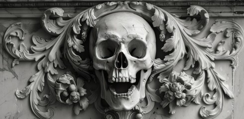 Fototapeta premium Ornate Skull Relief Carving With Floral Accents in Black and White