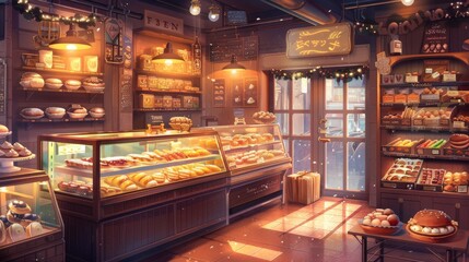 Anime bakery interior with pastries on display. Ideal for marketing bakeries, cafes, and sweet treats.