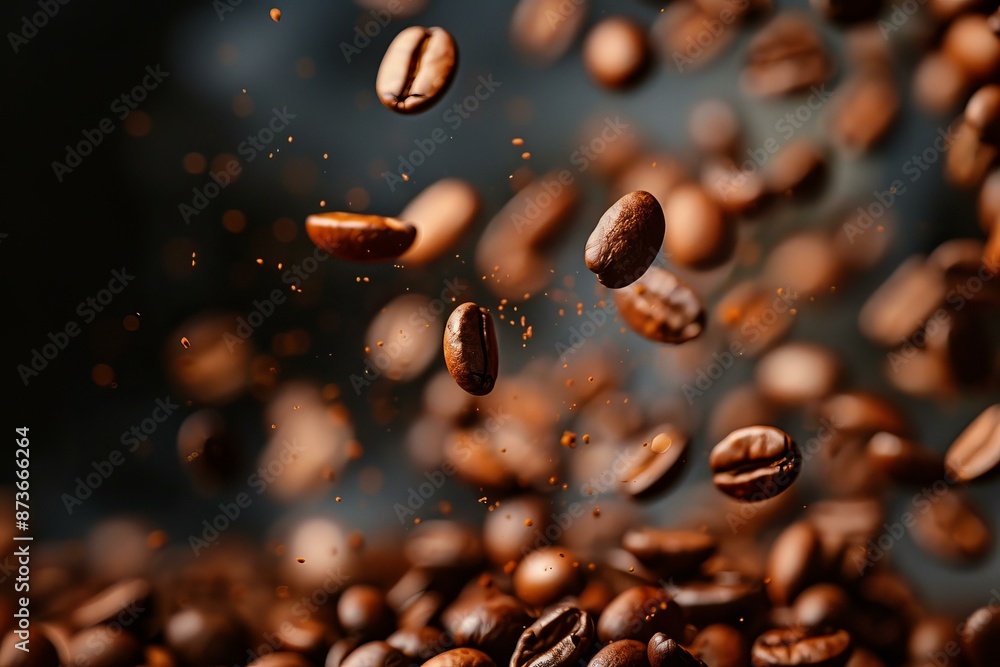 Poster coffee beans suspended midair with a dynamic bokeh effect in the background